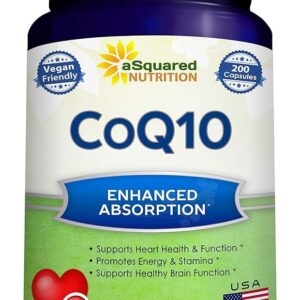 aSquared Nutrition CoQ10 (400mg Max Strength, 200 Capsules) - High Absorption Vegan Coenzyme Q10 Powder - Ubiquinone Supplement Pills, Extra Antioxidant CO Q-10 Enzyme Vitamin...